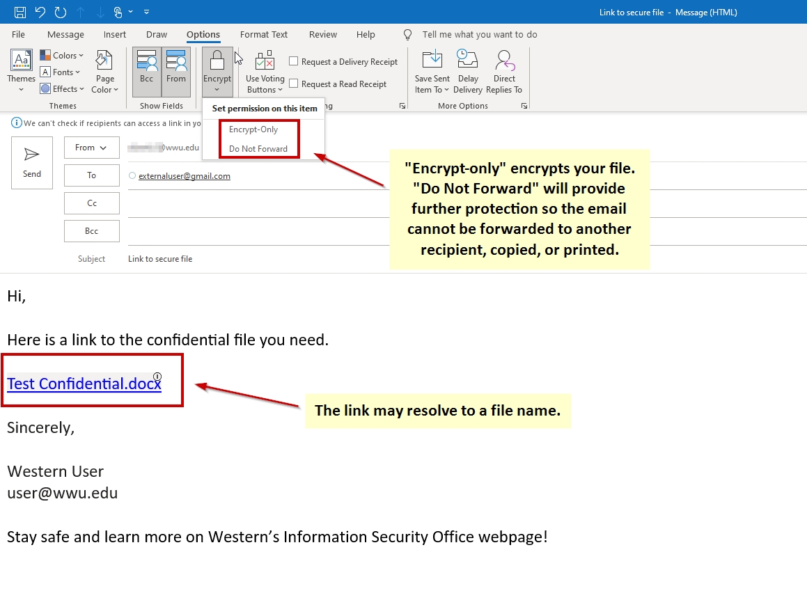 Insert link into email and encrypt